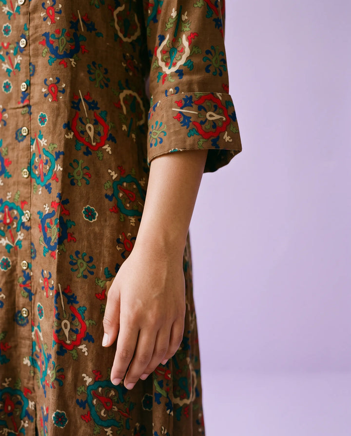 Brown Printed Rayon Maxi Dress