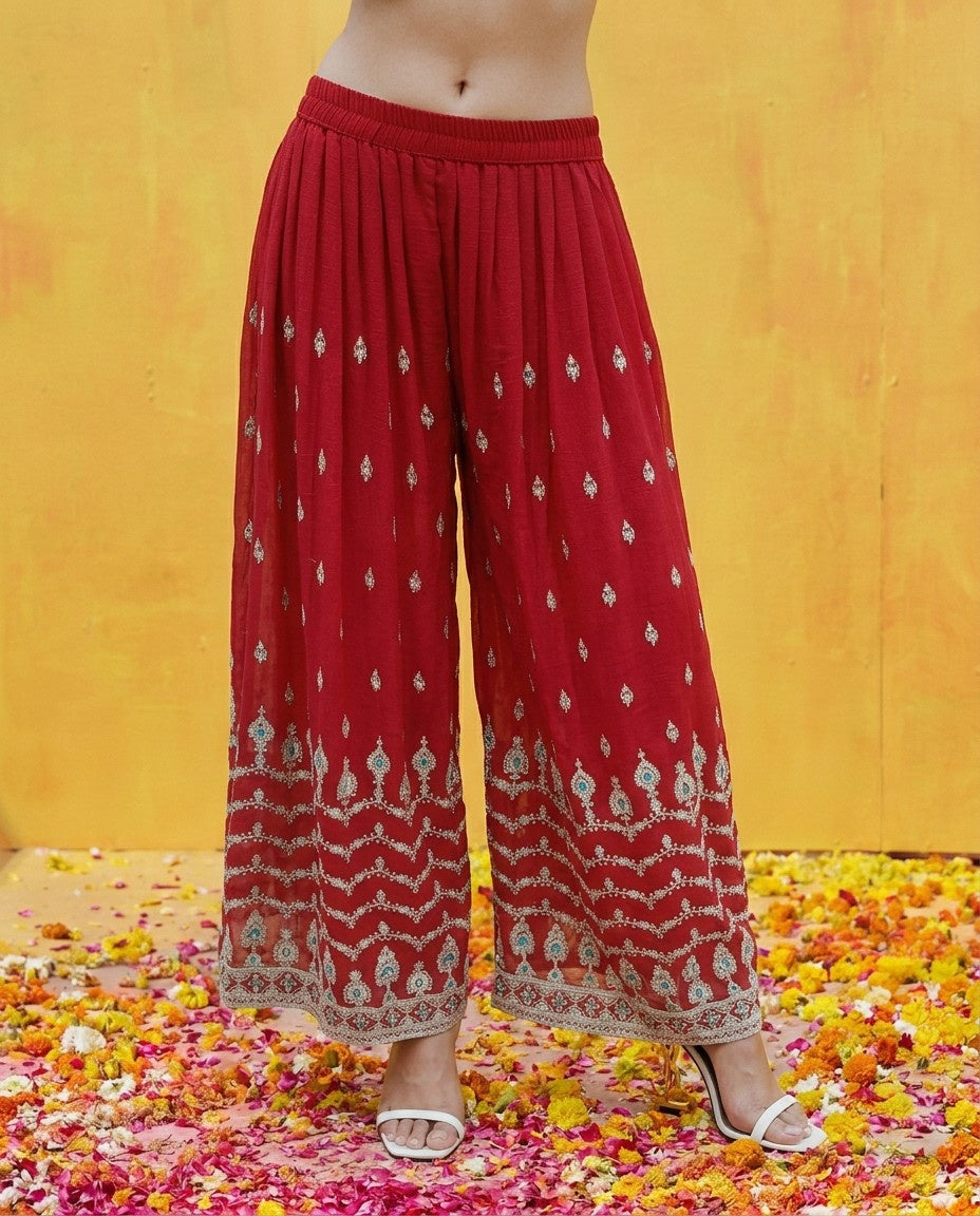 Maroon Embroidered Silk Blended Kurta Bottom Dupatta Set