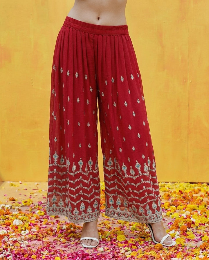 Maroon Embroidered Silk Blended Kurta Bottom Dupatta Set