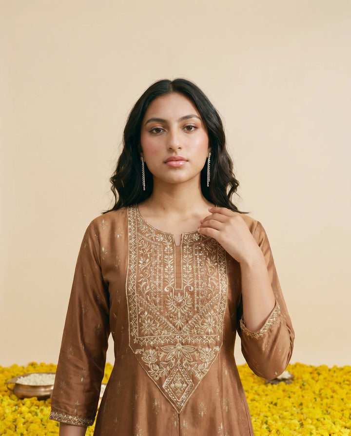 Brown Embriodered Rayon Maxi Dress