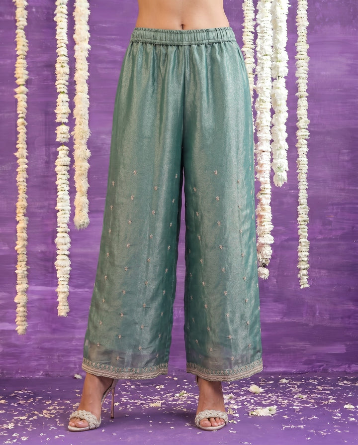 Sea Green Embriodered Silk Blended Spaghetti Strap Kurta Bottom Dupatta Set