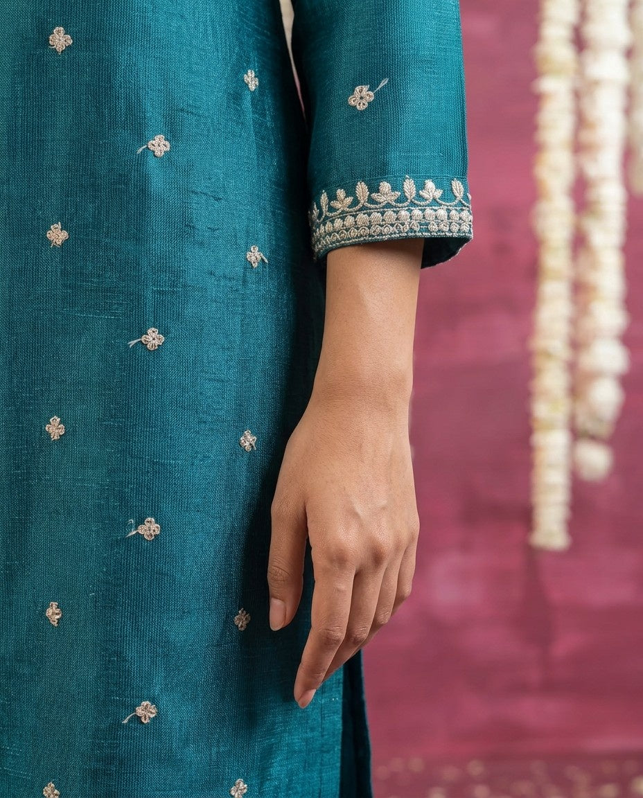 Bottle Green Embriodered Silk Blended Kurta Bottom Dupatta Set