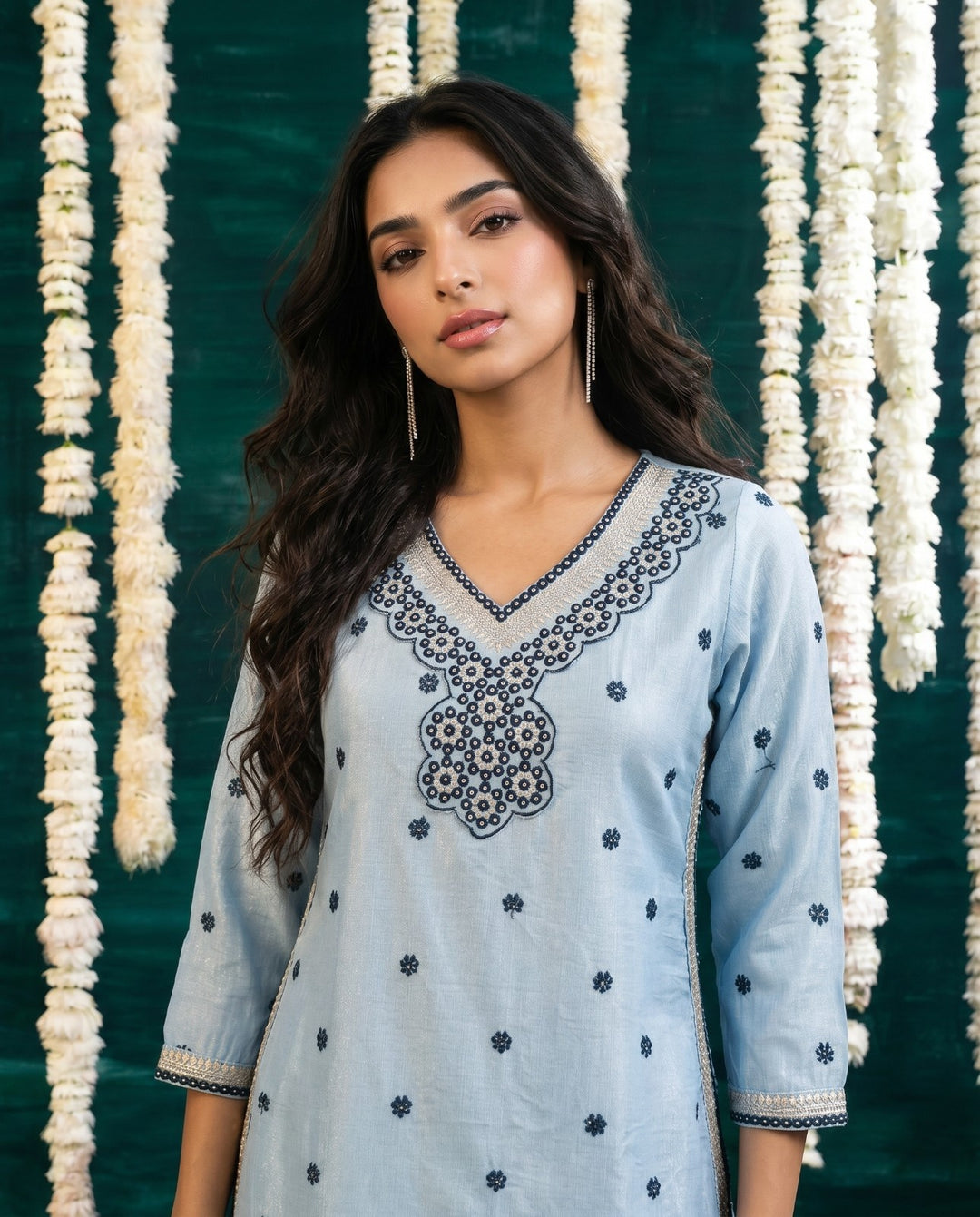Blue Embroidered Viscose Blended Straight cut Long Kurta
