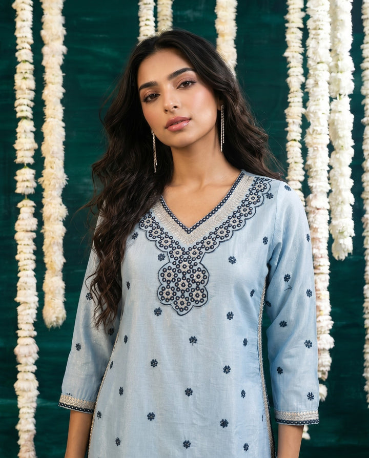 Blue Embroidered Viscose Blended Straight cut Long Kurta