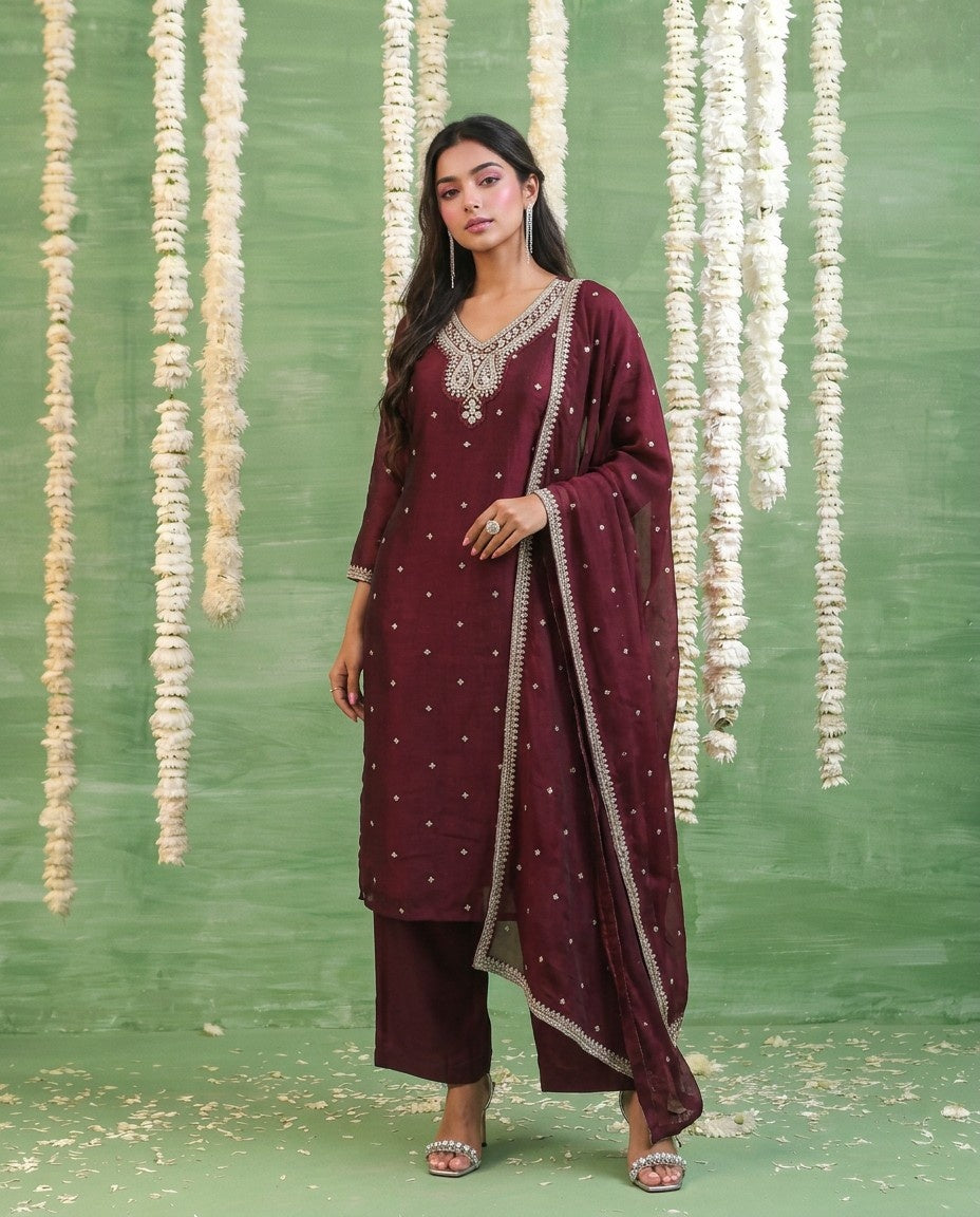 Wine Embriodered Silk Blended Kurta Bottom Dupatta Set