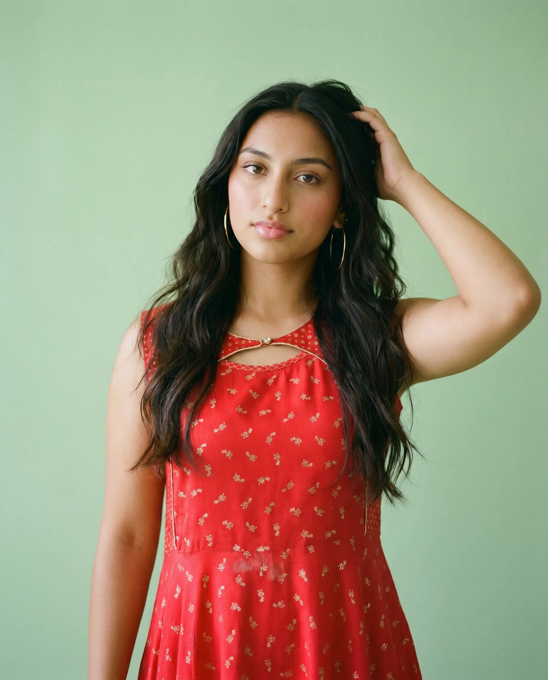 Red Printed Rayon Sleeveless Maxi Dress