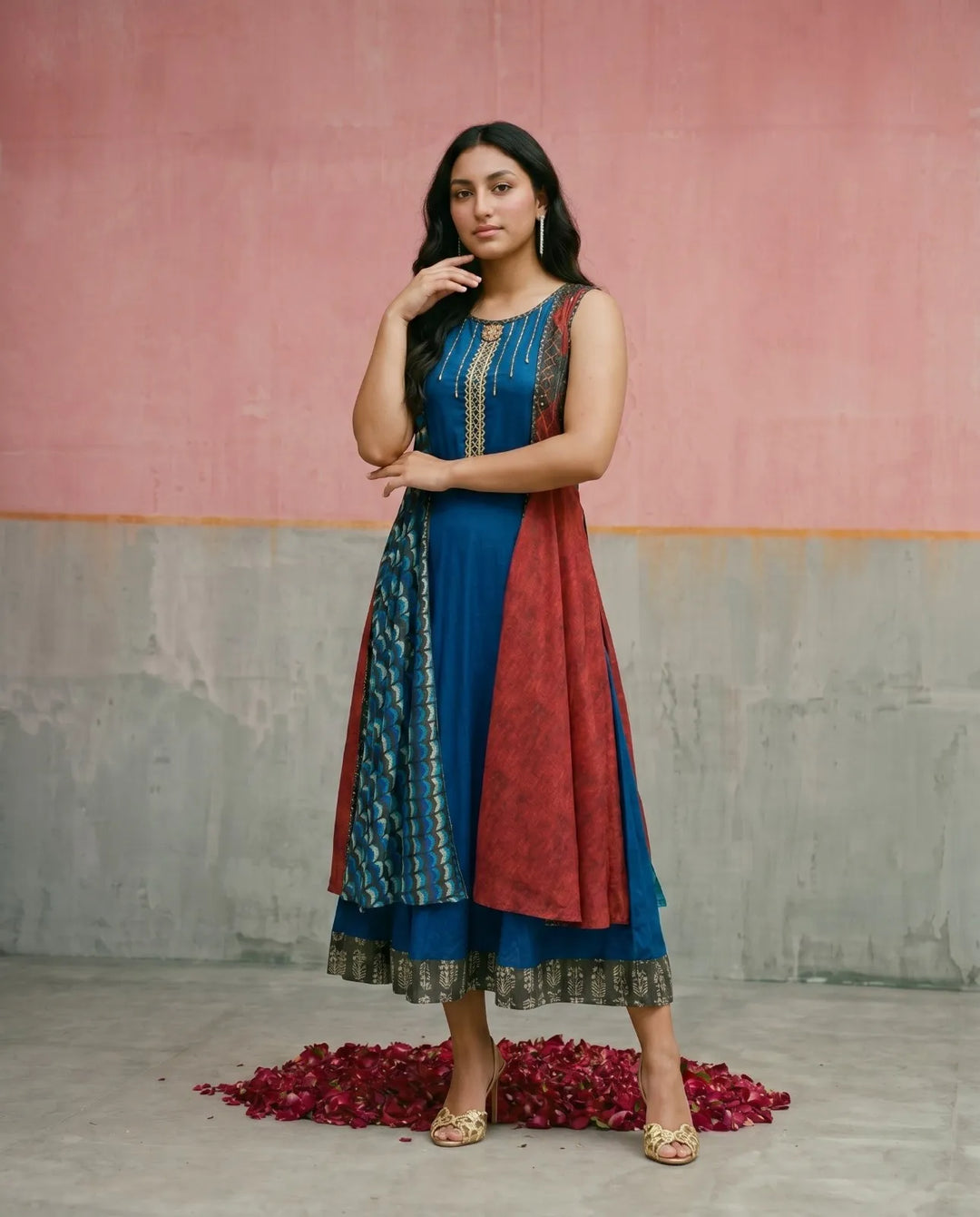 Navy Embriodered Rayon Sleeveless Maxi Dress