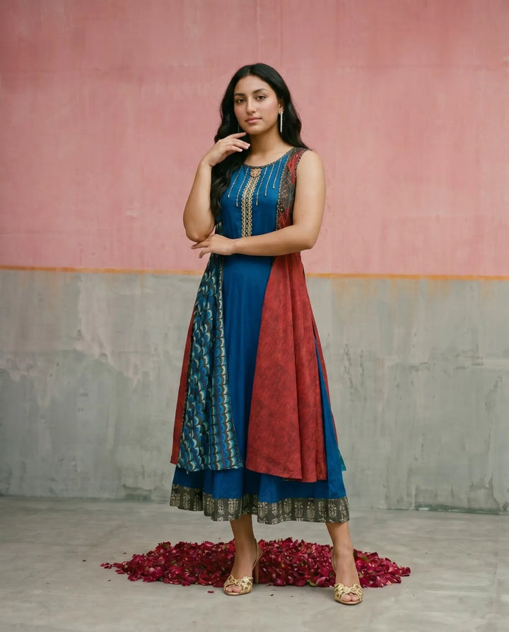Navy Embriodered Rayon Sleeveless Maxi Dress