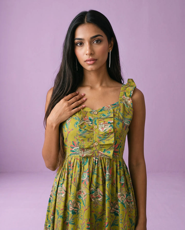 Green Printed Cotton Blended Midi Dress