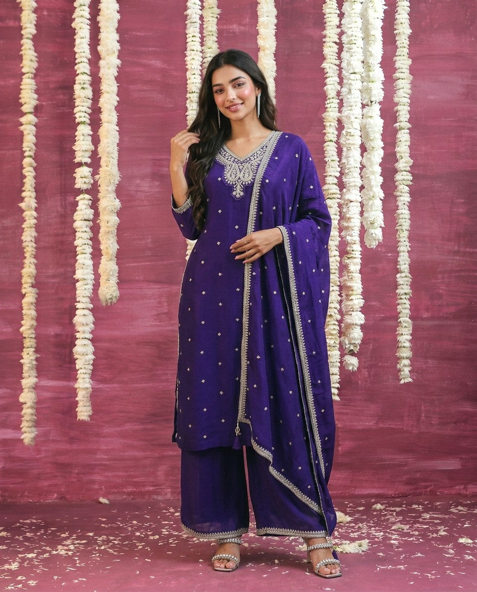 Purple Embriodered Silk Blended Kurta Bottom Dupatta Set