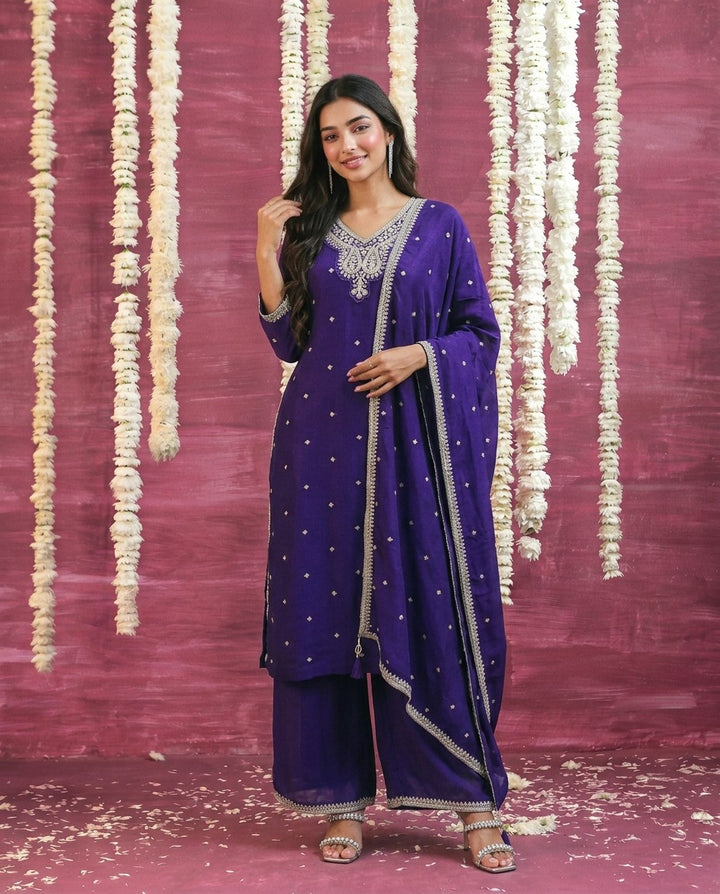 Purple Embriodered Silk Blended Kurta Bottom Dupatta Set