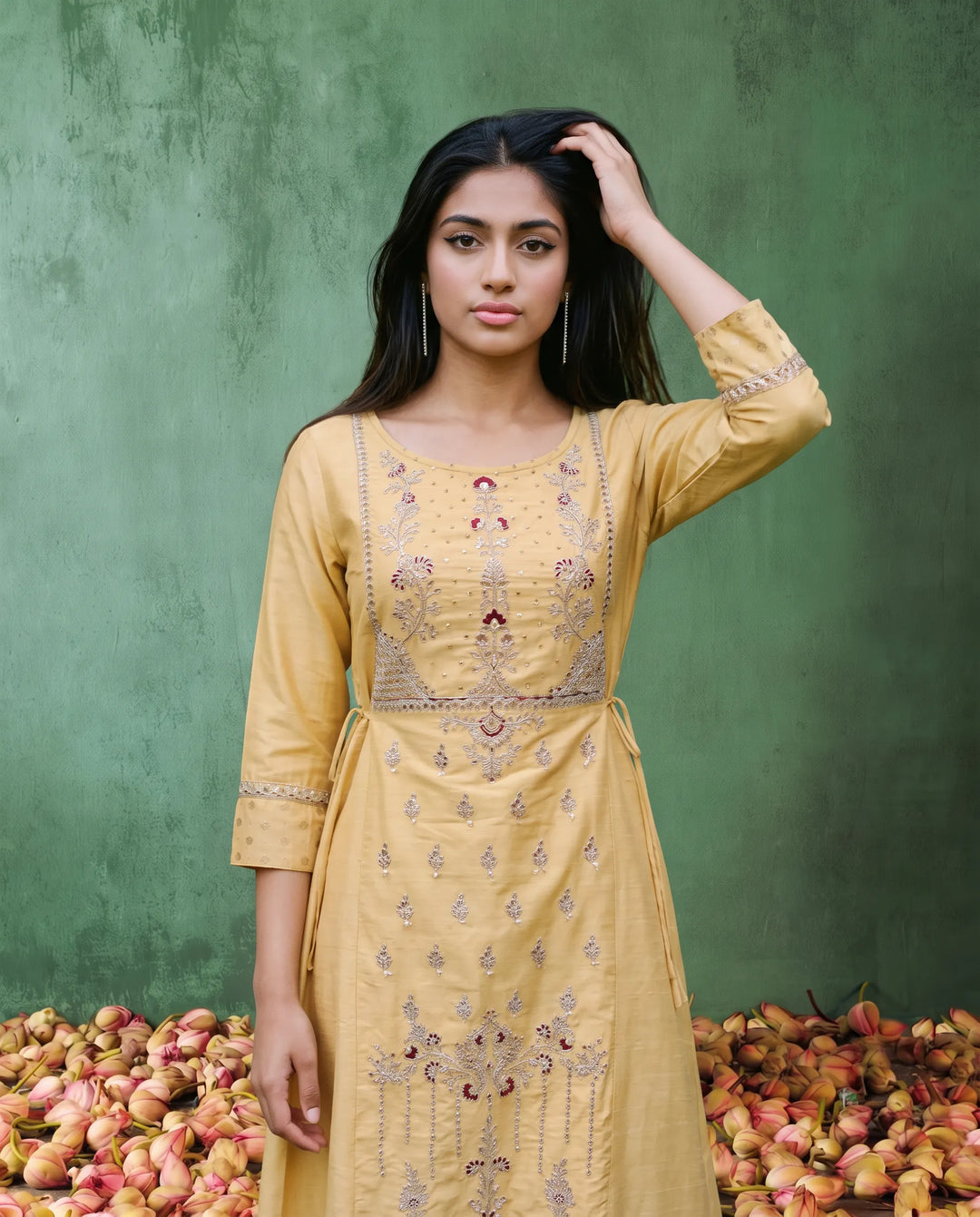 Yellow Embriodered Silk Blended Maxi Dress