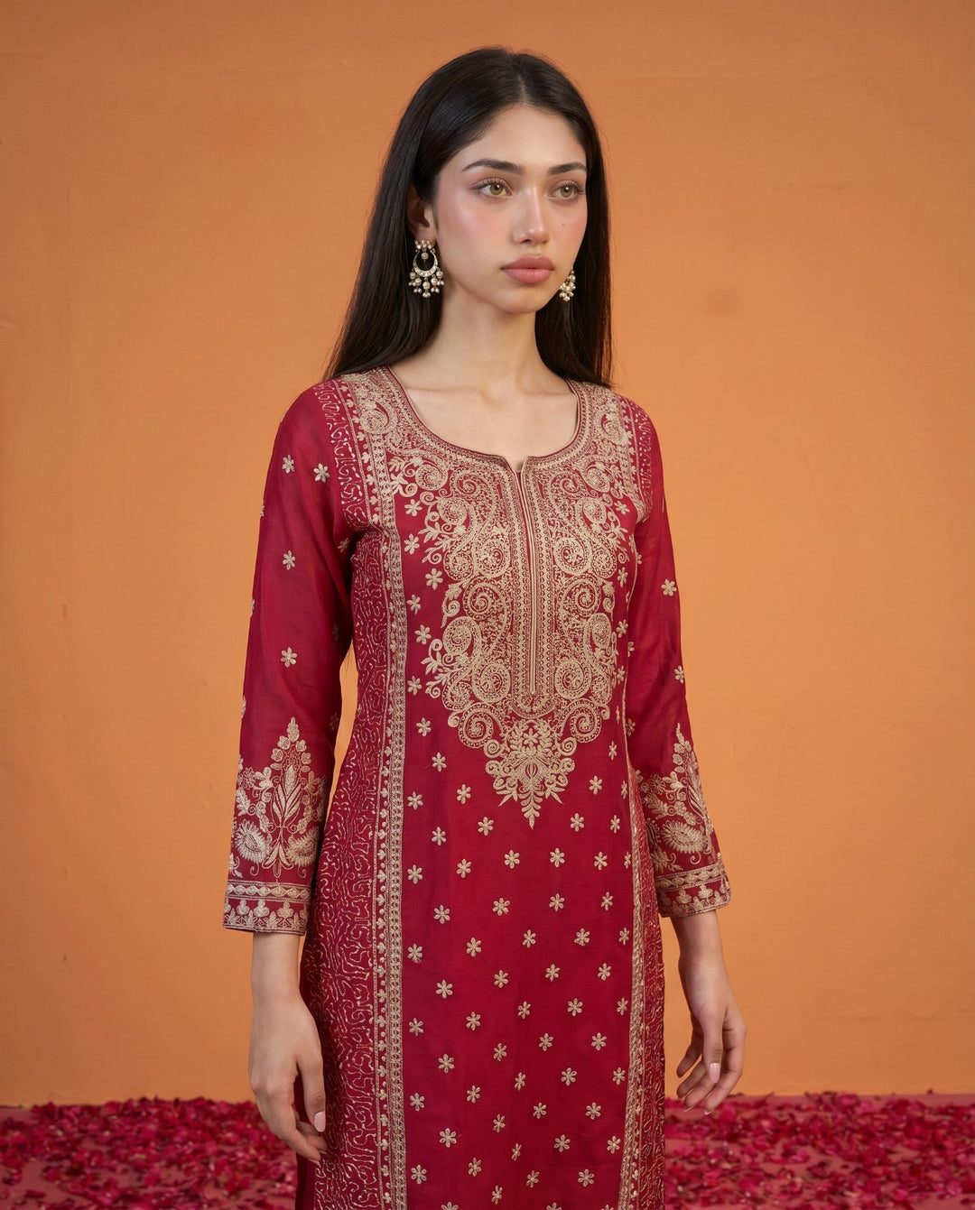 Magenta Embriodered Viscose Blended Kurta Bottom Dupatta Set