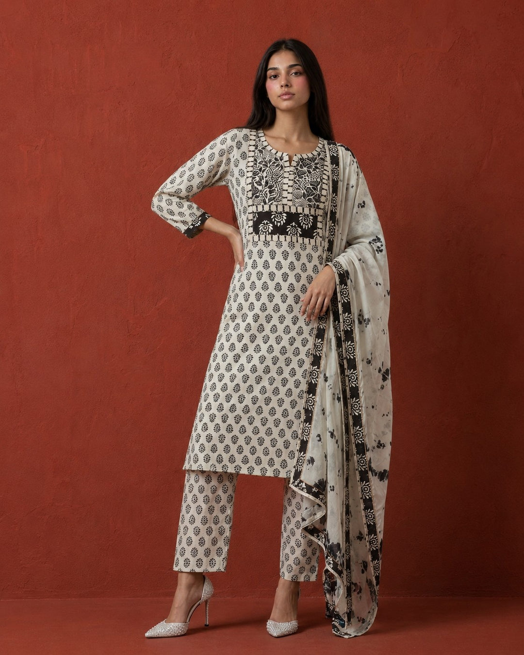 White Printed Cotton Kurta Bottom Dupatta Set