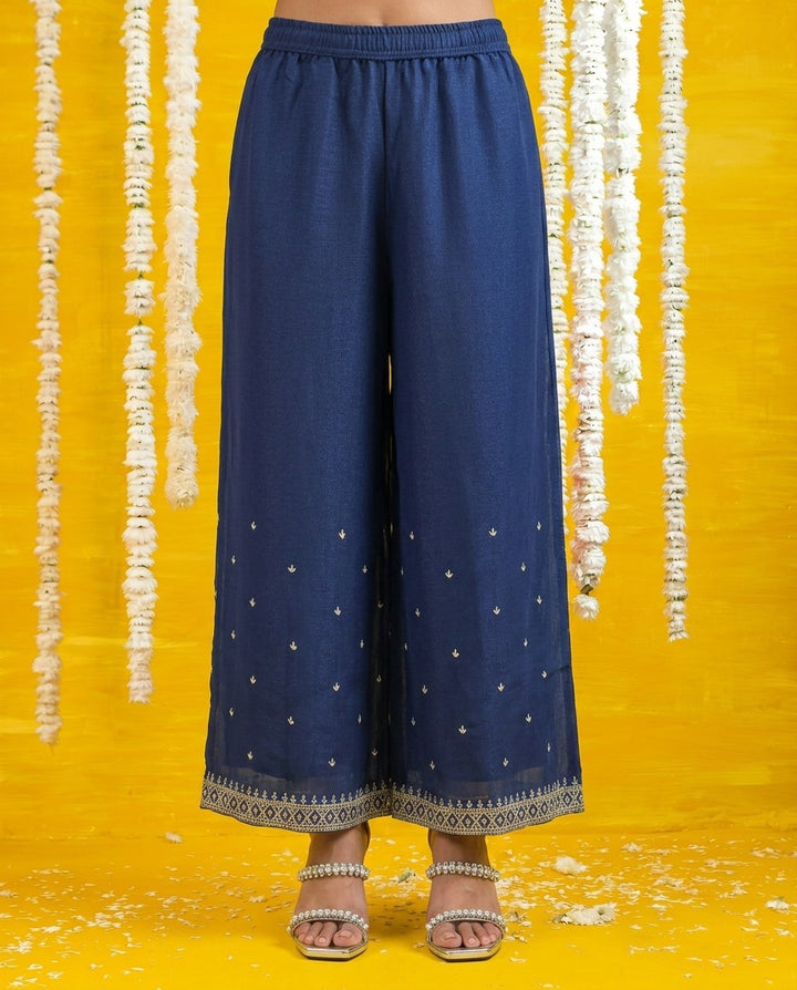 Navy Embriodered Silk Blended Sleeveless Kurta Bottom Dupatta Set