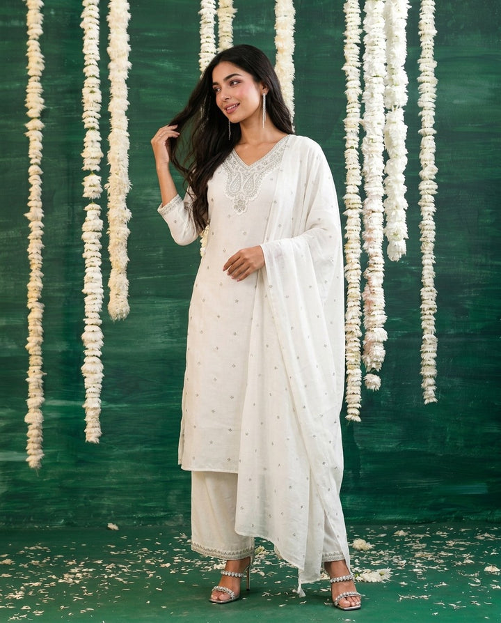 White Embriodered Silk Blended Kurta Bottom Dupatta Set