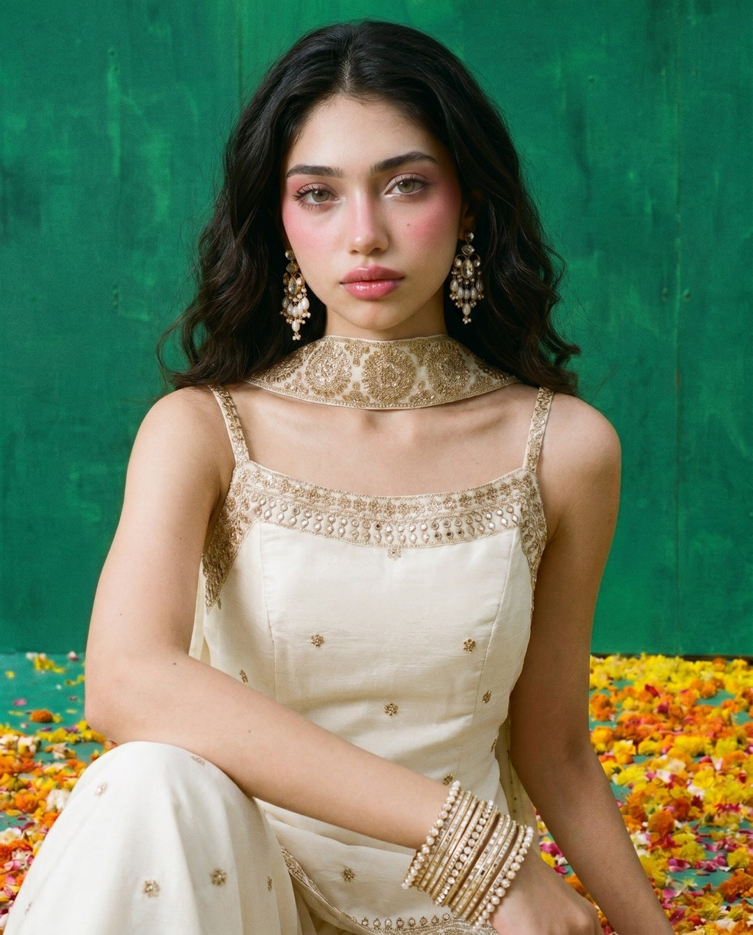 White Embriodered Silk Blended Spaghetti Strap Kurta Bottom Dupatta Set