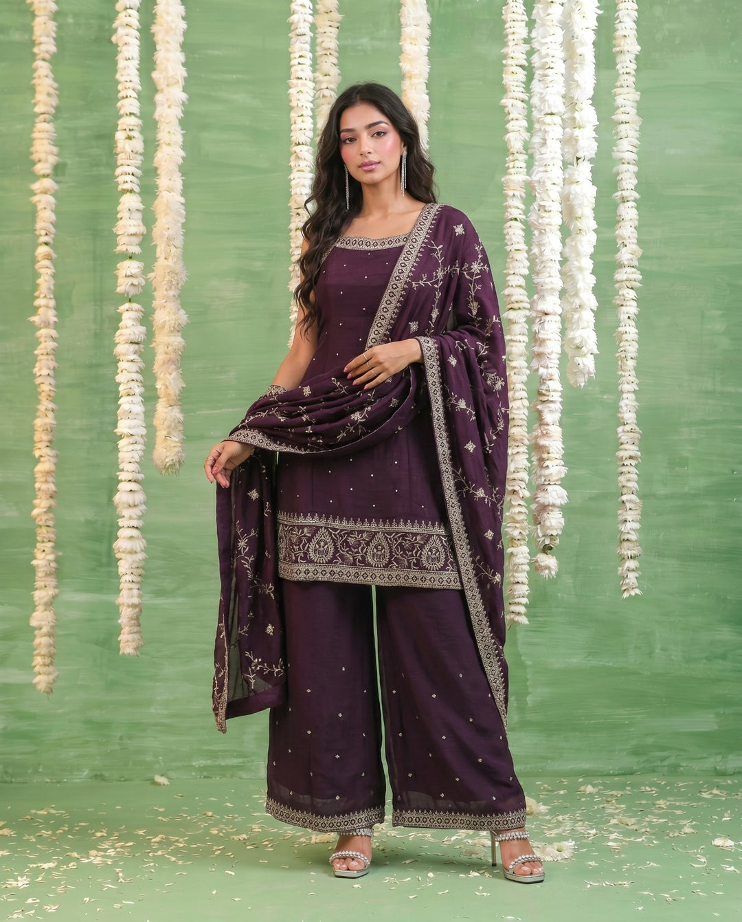 Wine Embriodered Silk Blended Sleeveless Kurta Bottom Dupatta Set