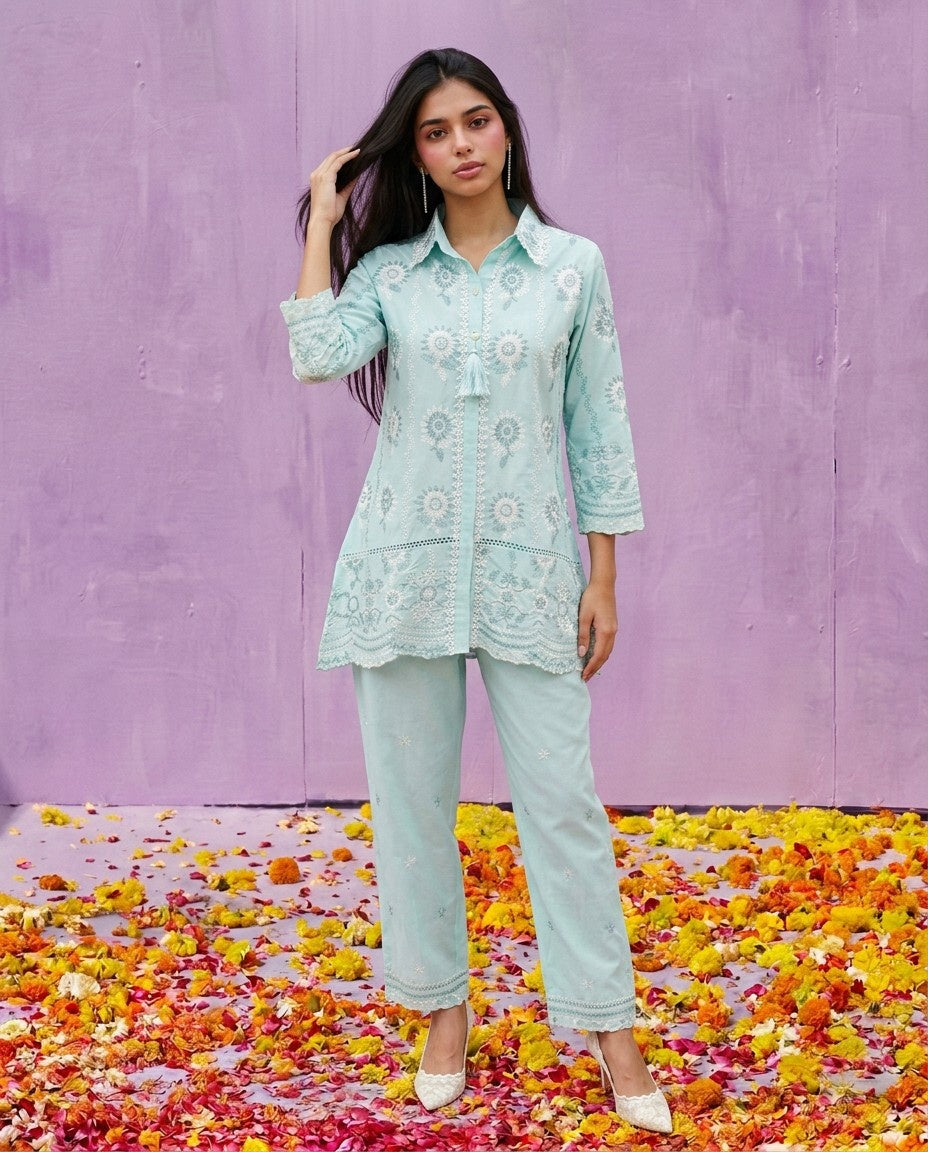 Sea Green Embroidered Cotton Satin Co-Ord Set