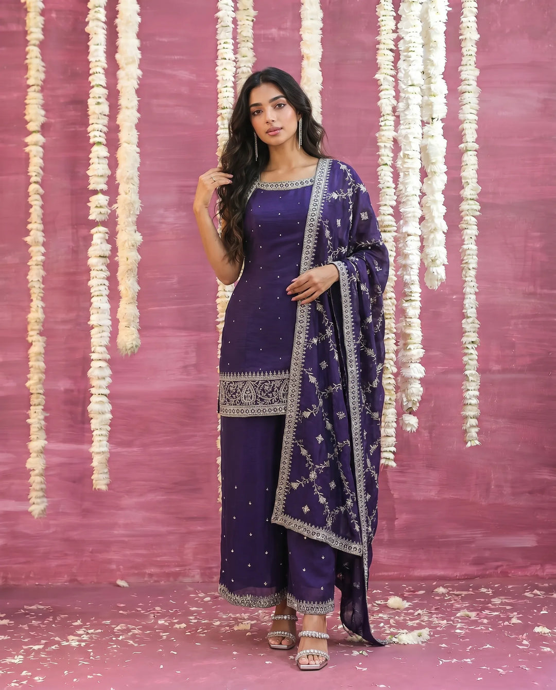 Purple Embriodered Silk Blended Sleeveless Kurta Bottom Dupatta Set