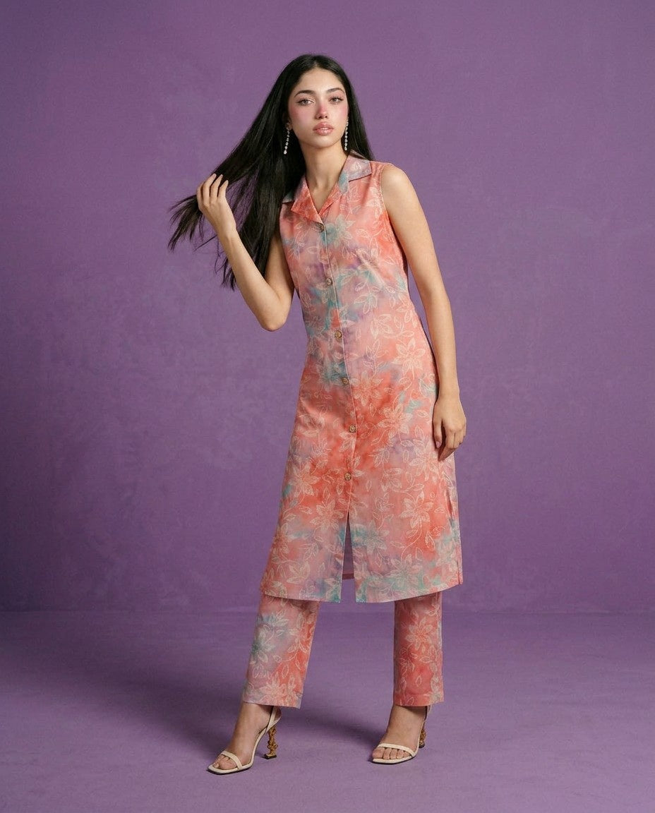 Pink Printed Viscose Blended Co-Ord Set