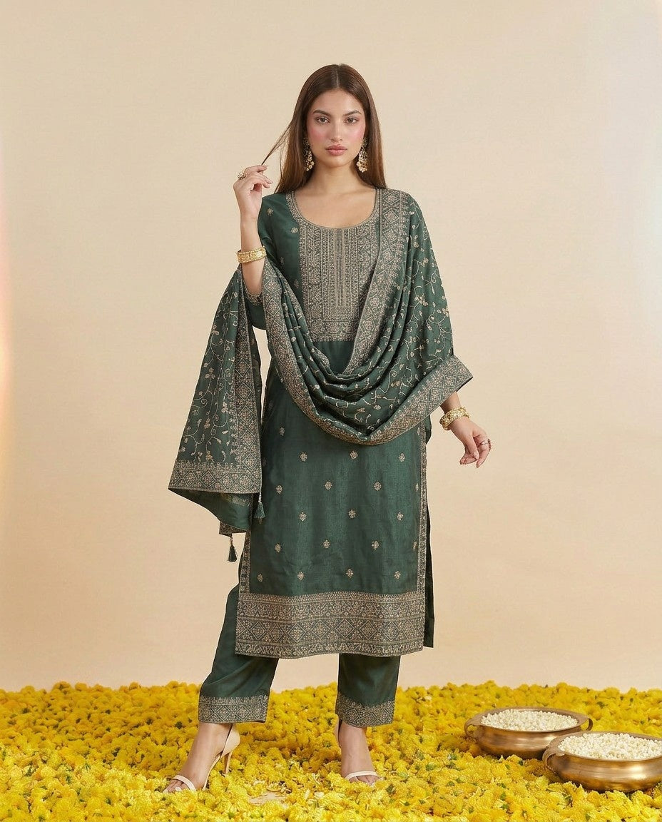 Pista Embriodered Silk Blended Kurta Bottom Dupatta Set
