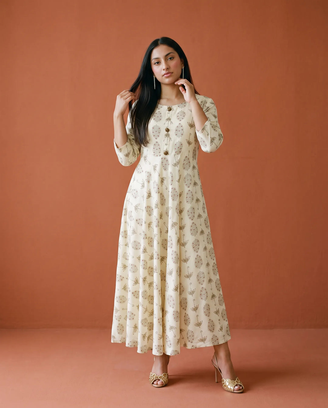 White Printed Rayon Maxi Dress