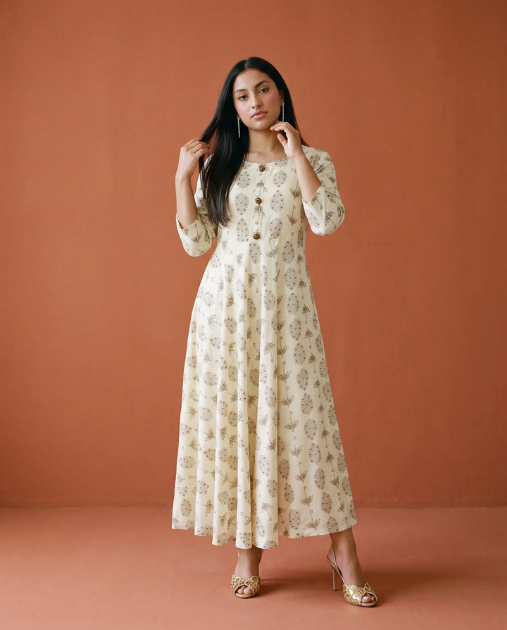 White Printed Rayon Maxi Dress