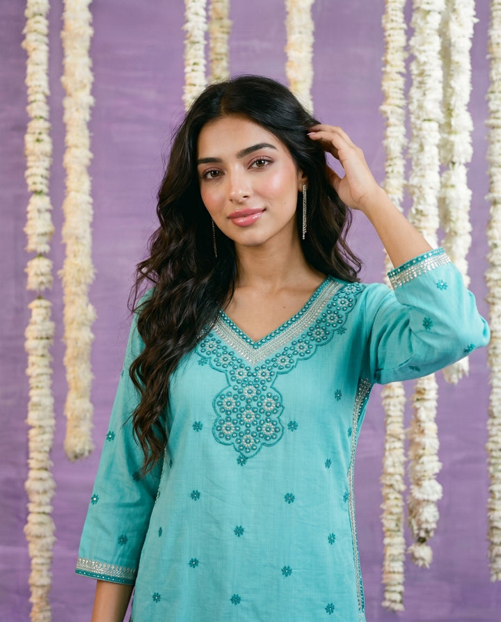 Sky Blue Embroidered Viscose Blended Straight cut Long Kurta