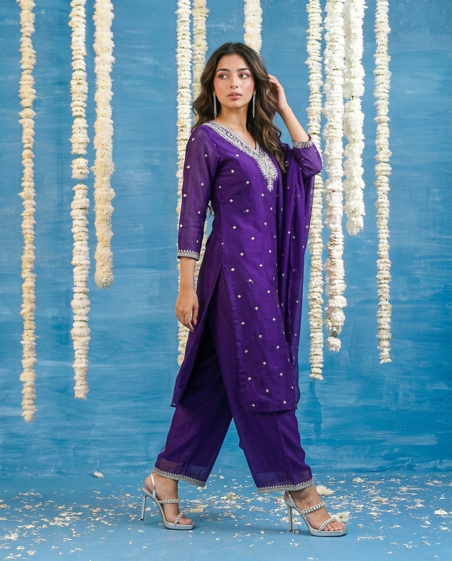 Purple Embriodered Silk Blended Kurta Bottom Dupatta Set