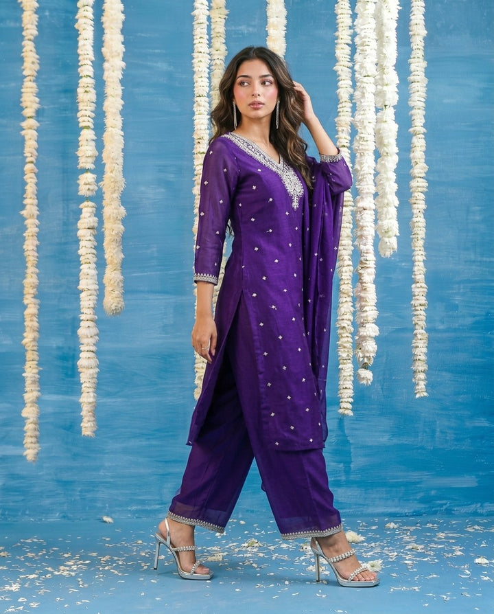 Purple Embriodered Silk Blended Kurta Bottom Dupatta Set