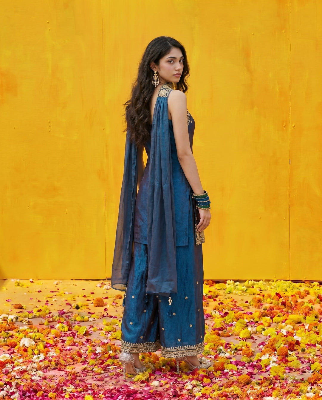 Navy Embriodered Silk Blended Spaghetti Strap Kurta Bottom Dupatta Set