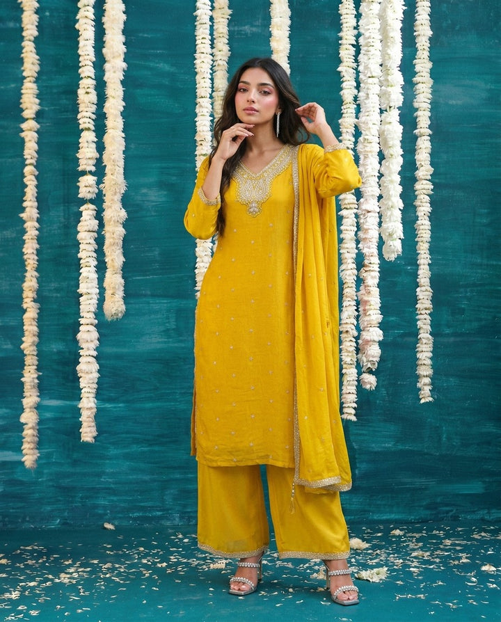 Yellow Embriodered Silk Blended Kurta Bottom Dupatta Set
