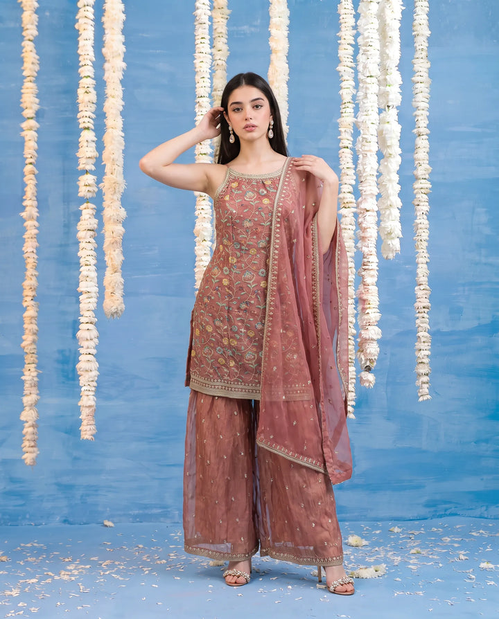 Pink Embroidered Silk Blended Spaghetti Strap Kurta Bottom Dupatta Set