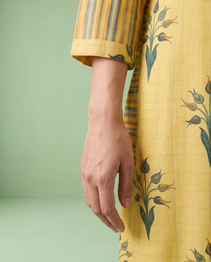 Yellow Printed Cotton Straight cut Long Kurta