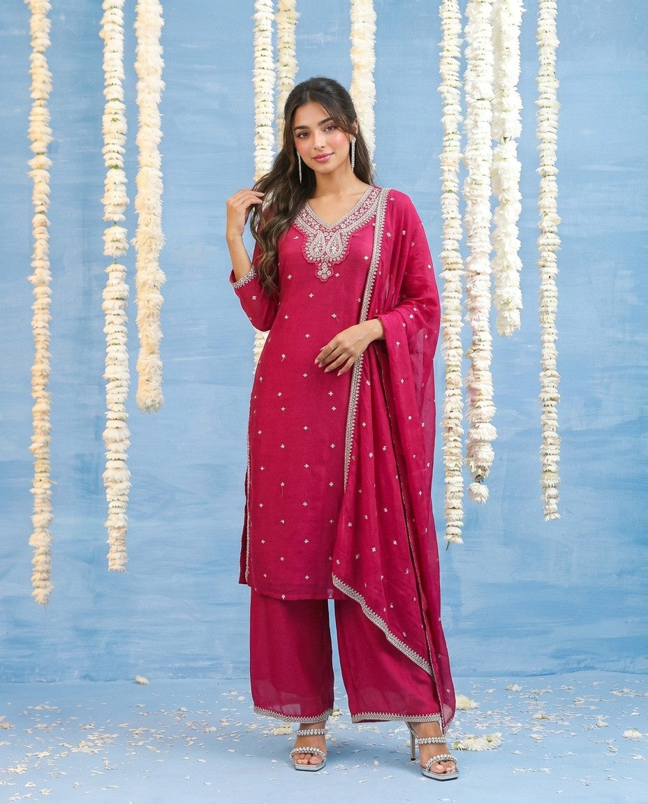 Magenta Embriodered Silk Blended Kurta Bottom Dupatta Set
