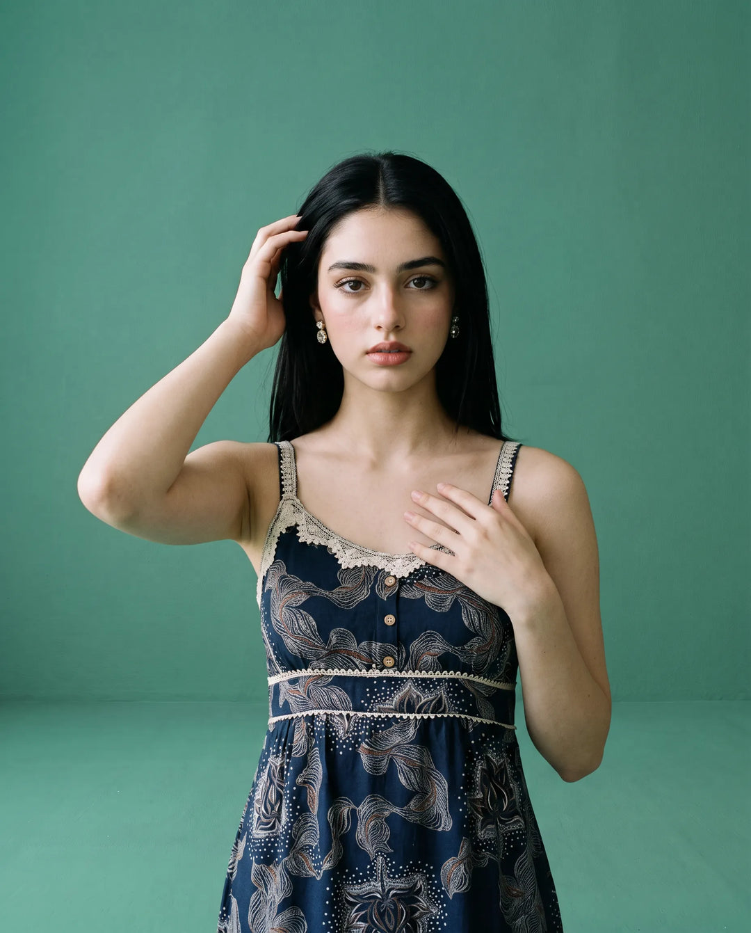 Navy Printed Viscose Blended Spaghetti Strap Straight Cut Long Kurta