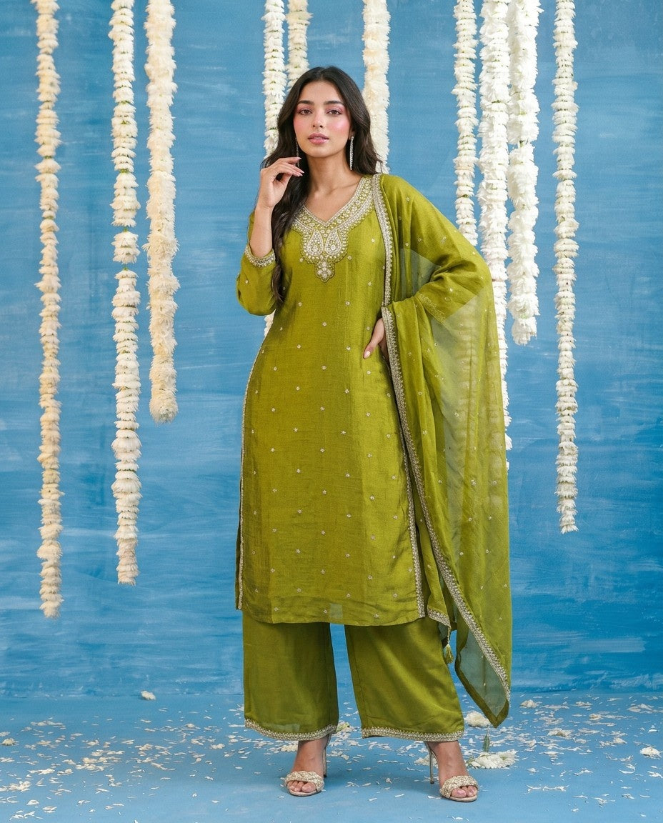 Olive Embriodered Silk Blended Kurta Bottom Dupatta Set