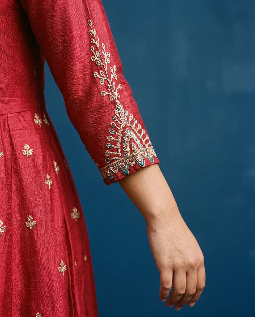 Maroon Embriodered Silk Blended Maxi Dress