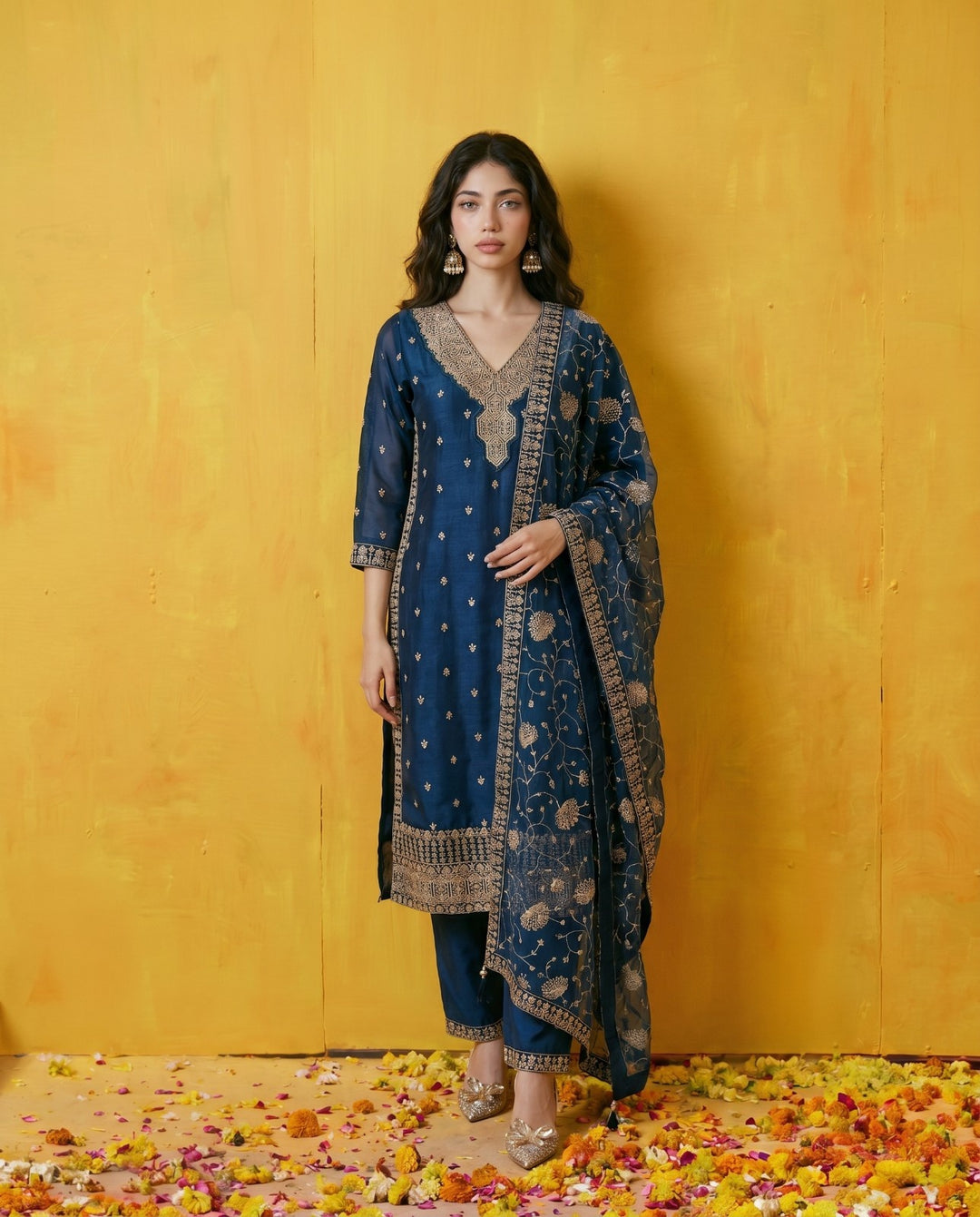 Blue Embriodered Silk Blended Kurta Bottom Dupatta Set