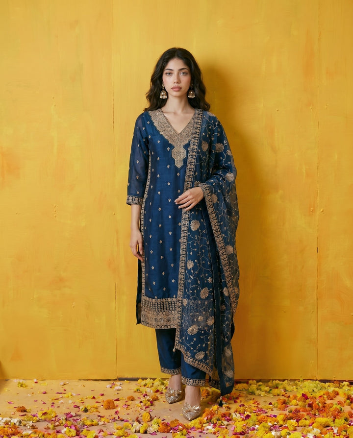 Blue Embriodered Silk Blended Kurta Bottom Dupatta Set