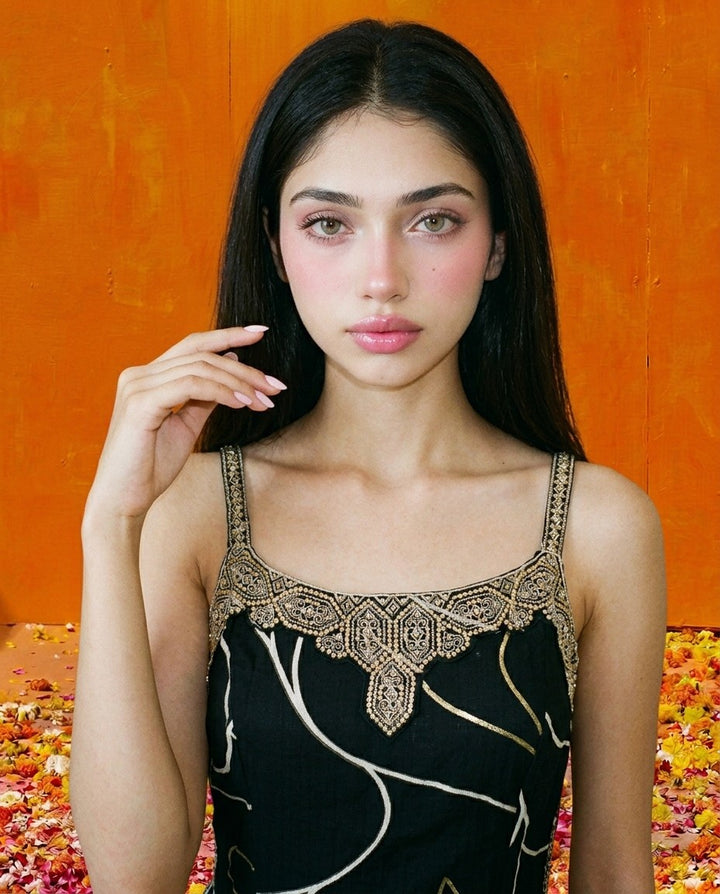 Black Embroidered Viscose Blended Spaghetti Strap Straight Cut Long Kurta