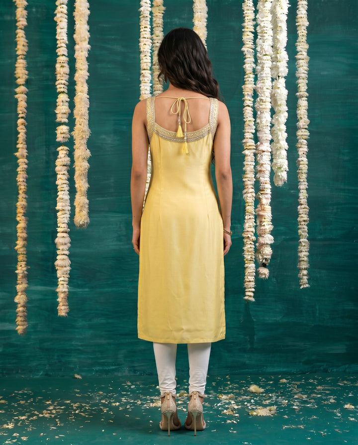 Yellow Embroidered Viscose Blended  Sleeveless Straight cut Long Kurta