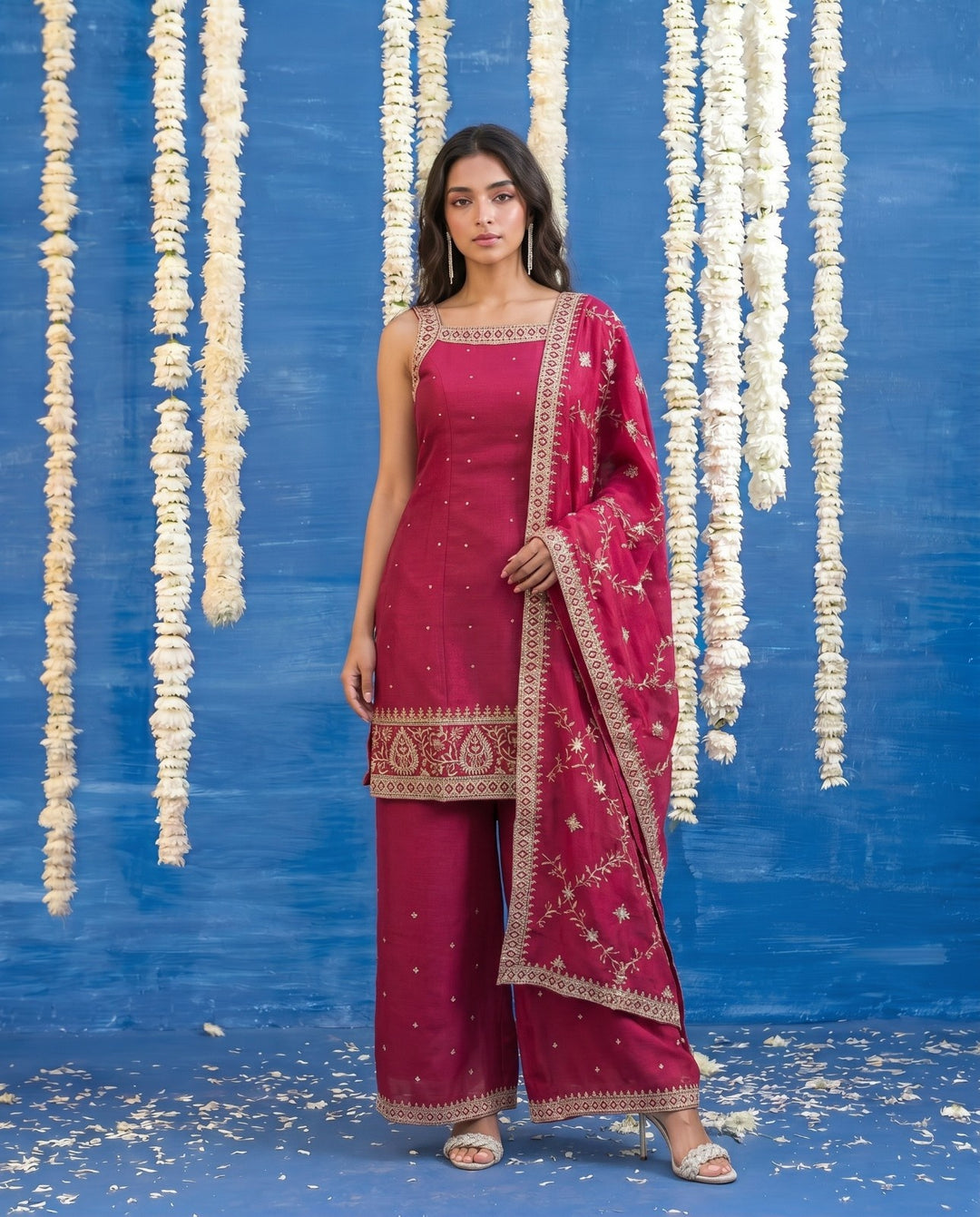 Magenta Embriodered Silk Blended Sleeveless Kurta Bottom Dupatta Set