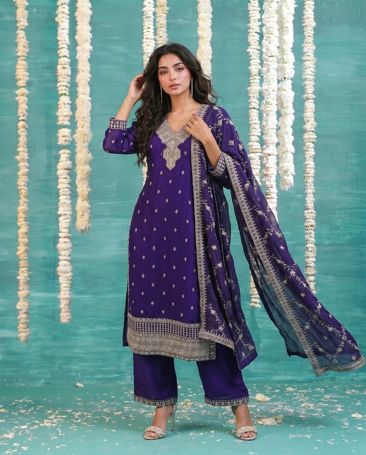 Purple Embriodered Silk Blended Kurta Bottom Dupatta Set