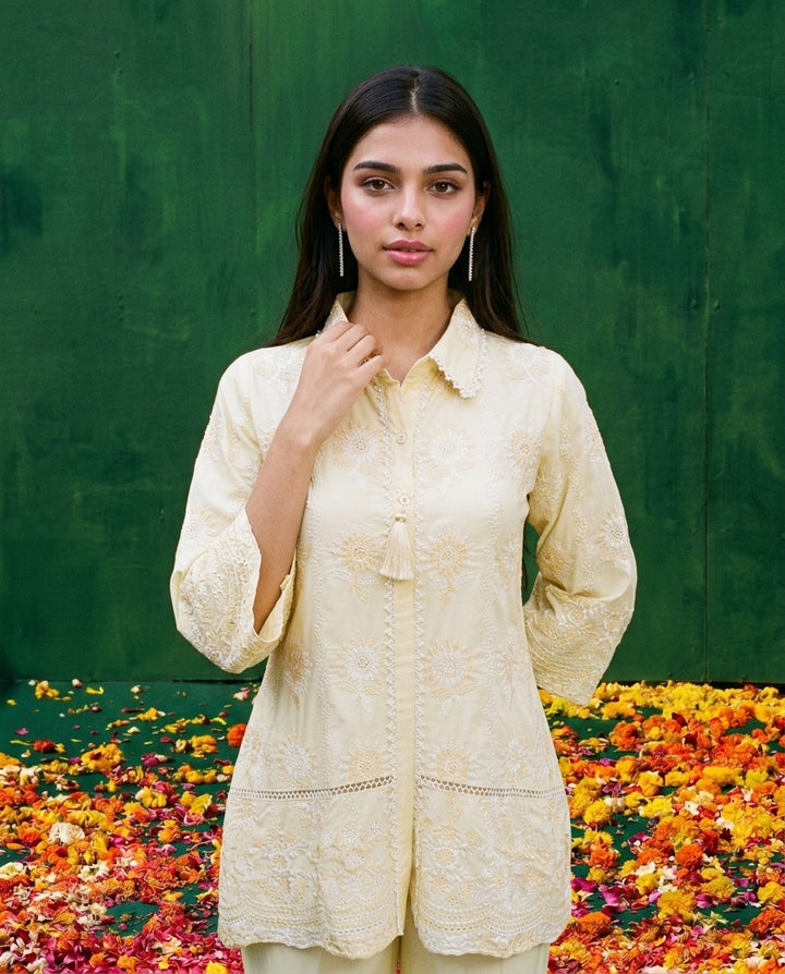 Yellow Embroidered Cotton Satin Co-Ord Set
