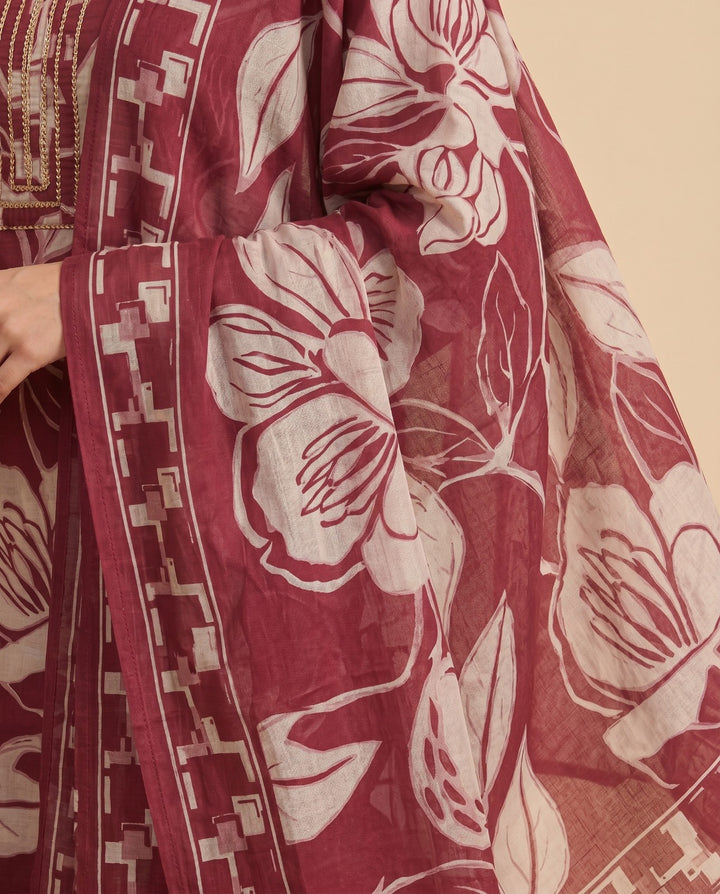 Magenta Printed Chanderi Kurta Bottom Dupatta Set