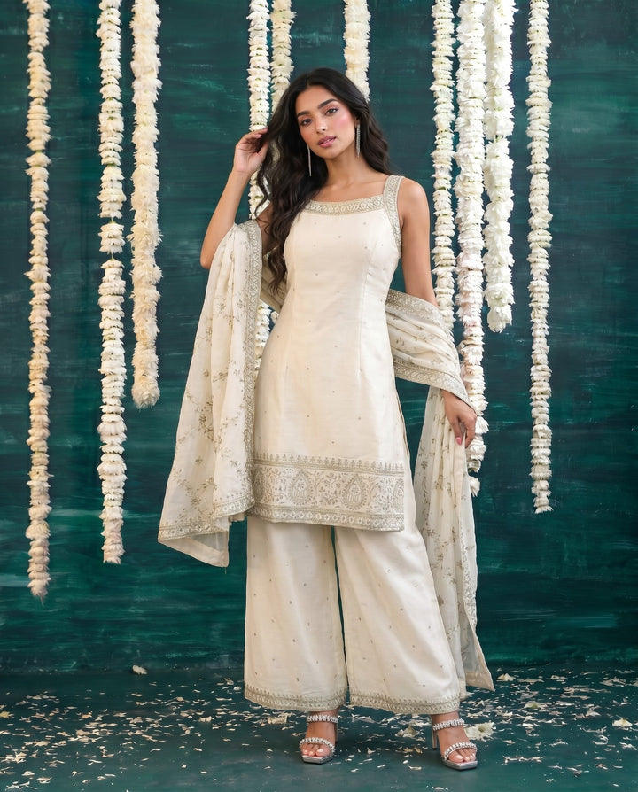 White Embriodered Silk Blended Sleeveless Kurta Bottom Dupatta Set
