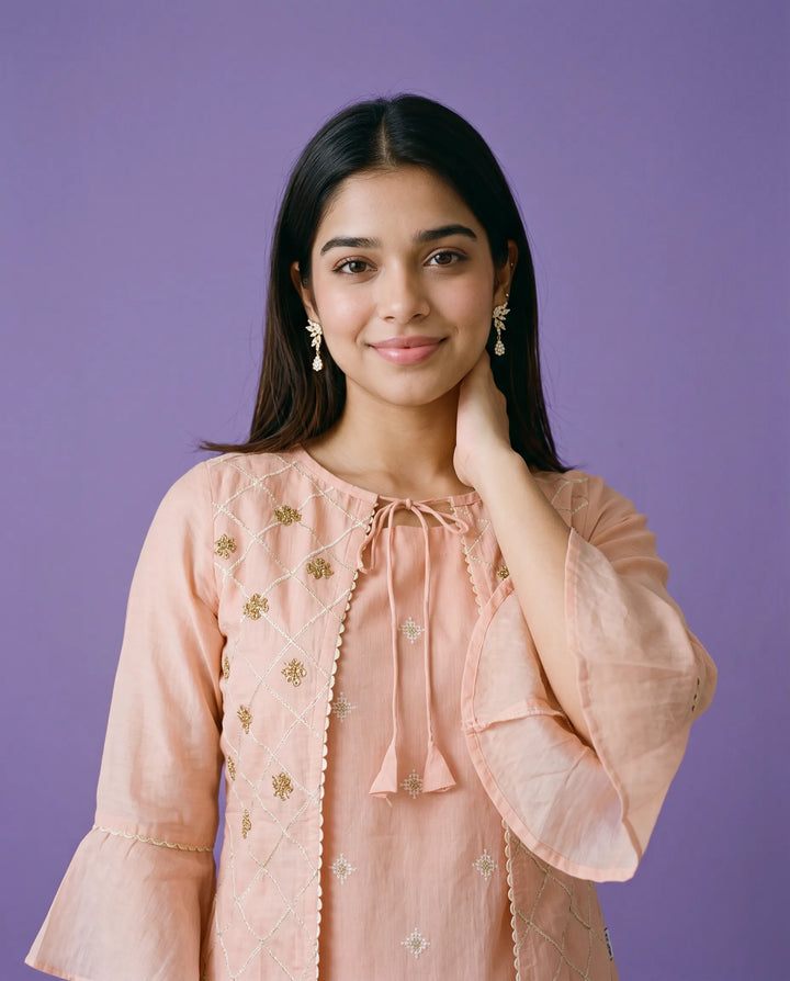 Peach Embroidered Chanderi Long Kurta