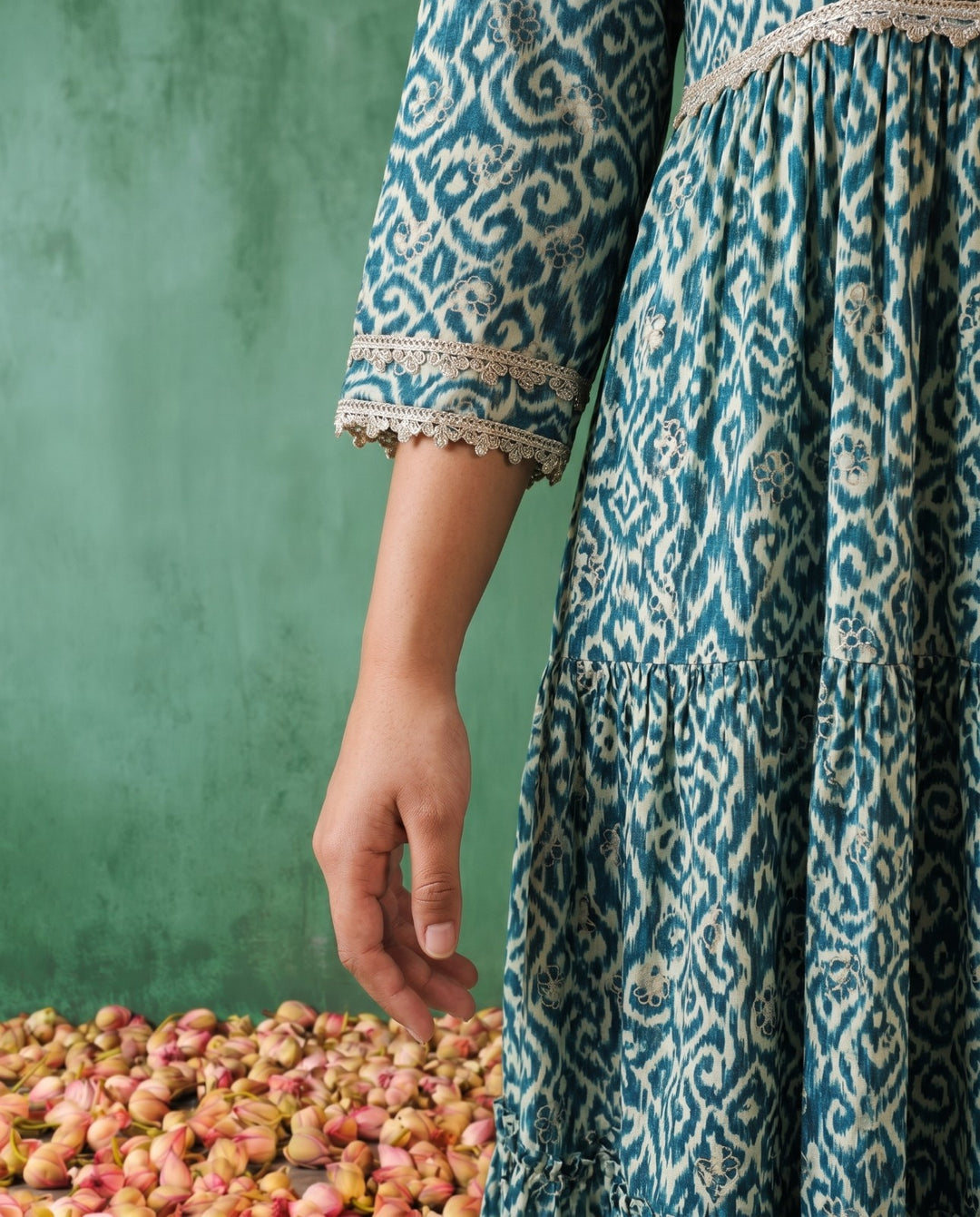 Blue Printed Silk Blended Maxi Dress